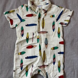 Hanna Andersson Linen Multicolor Surfboard Print Romper, NWOT